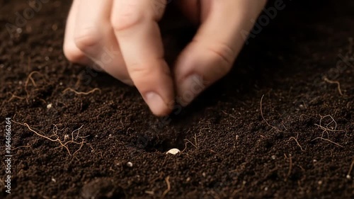 Hand Planting a Single Seed in Dark Brown Soil Detail Close Up of the Agriculture and Gardening Process with Macro Focus and Natural Light