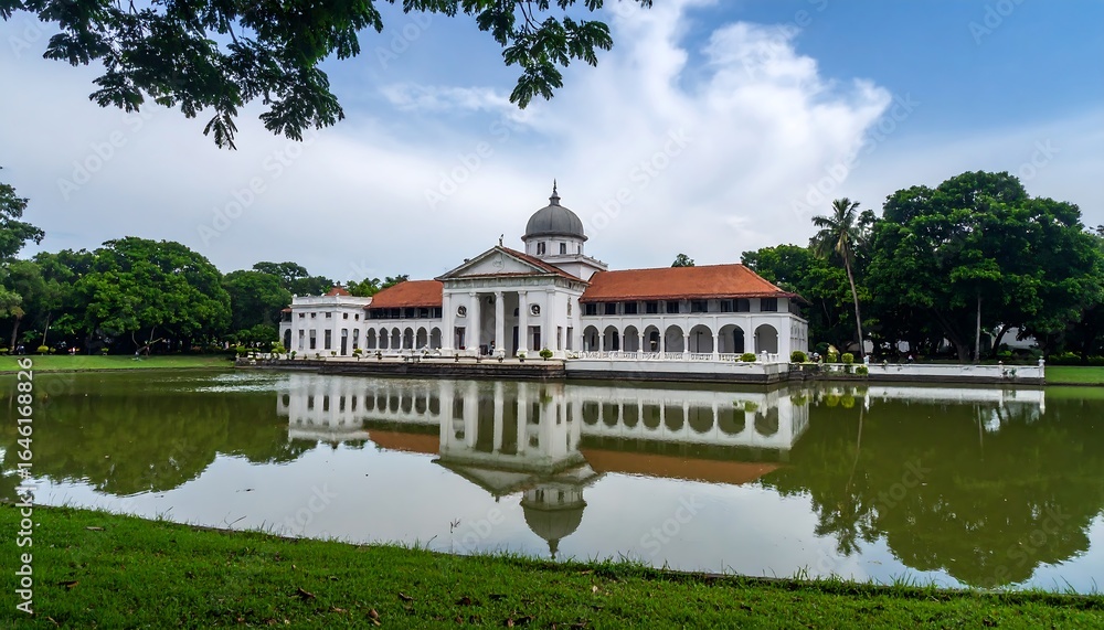 Fototapeta premium Palace by a pond under a cloudy sky