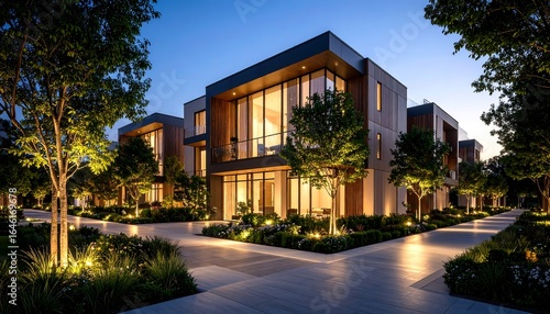 Modern townhouses at dusk
