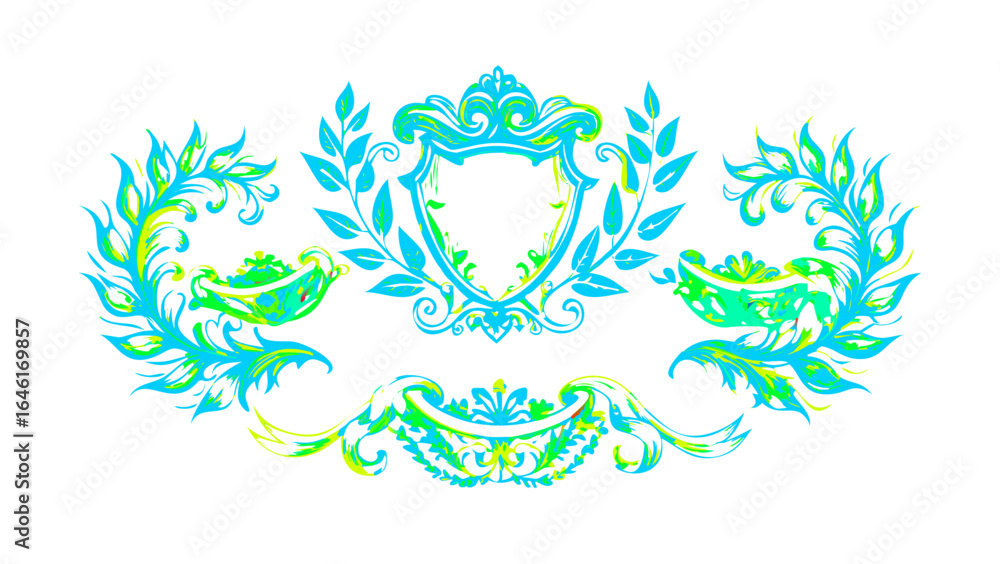 Obraz premium Floral heraldic design with shield and laurel wreath in shades of blue and green watercolor style art