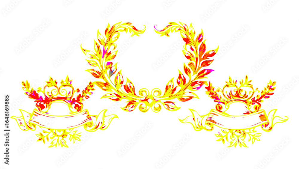 Golden laurel wreath with crowns and banners on a white background in an ornate decorative style