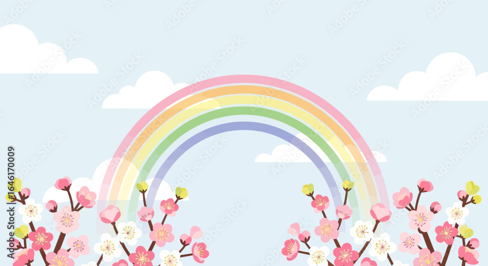 Obraz premium Rainbow Over Blossom Branches Creates a Peaceful, Springtime Atmosphere Scene