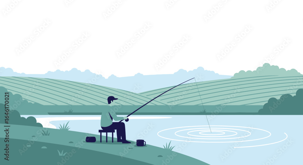 Naklejka premium Serene fishing scene with a lone angler enjoying a peaceful day outdoors depicting landscape and relaxation