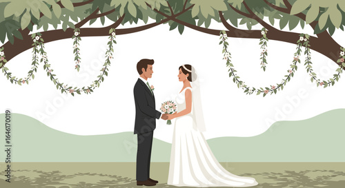Serene Forest Wedding Ceremony Between Groom and Bride Under Decorated Tree