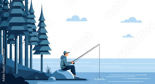 Serene fishing scene: A peaceful vector illustration of a man fishing by the lake