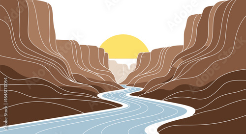 Serene grand canyon illustration at sunset showcasing the river flowing through rock formations