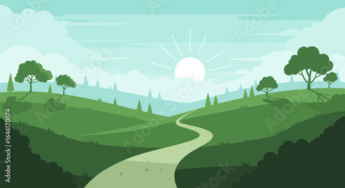 Serene Green Landscape with a Winding Path Leading to the Rising Sun Illustration