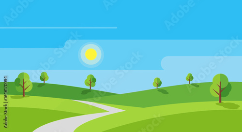 Serene Green Landscape With Path And Sun Minimalist Digital Illustration