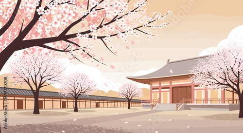 Serene Japanese temple surrounded by blooming cherry blossom trees with traditional architecture creating a peaceful scene