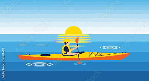 Serene kayaking adventure at sunset on the sea with bright colors and reflections showcasing outdoor water sports and calm activities