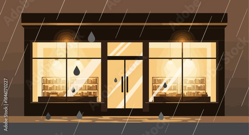 Rainy day bookstore storefront illustration with glowing windows, showcasing a cozy and inviting literary haven with books