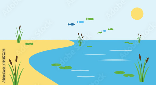 Serene Lake With Cattails And Fish Under Sunny Sky Flat Illustration