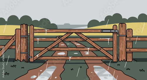 Rainy day countryside scene with a wooden gate and a muddy path, peaceful rural landscape showing a weathered gate in a storm