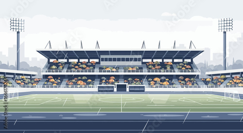 Rainy day illustration of a soccer stadium packed with spectators holding umbrellas