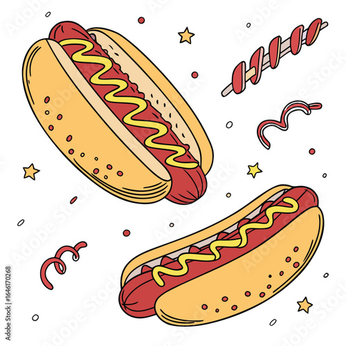 Delicious Hot Dogs Isolated A Festive Illustration of Classic American Cuisine
