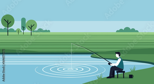 Serene Lakeside Fishing Scene: A Minimalist Vector Illustration of Peaceful Leisure Time