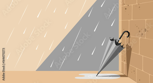 Rainy day corner scene with umbrella, wall, and raindrops conveys solitude and weather