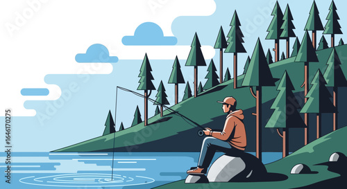 Serene Lakeside Fishing: A Tranquil Scene of Solitude and Nature's Beauty Captured in a Vector Illustration