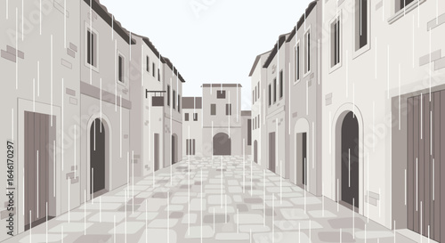 Rainy day in a charming old town with quaint buildings and cobblestone streets creating a serene scene