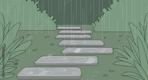 Rainy garden path with stone steps and lush greenery creates a serene scene