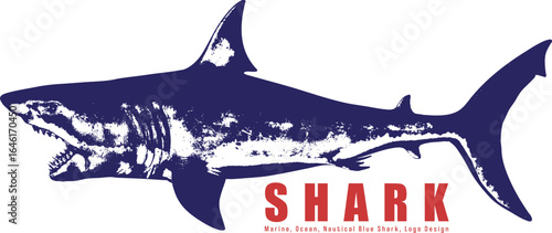 Blue Shark Logo Design Marine Ocean Predator Fish Vector Illustration Typography Red Text Brand Identity Template Business Card Nautical Wildlife Vintage Grunge Style Restaurant Branding