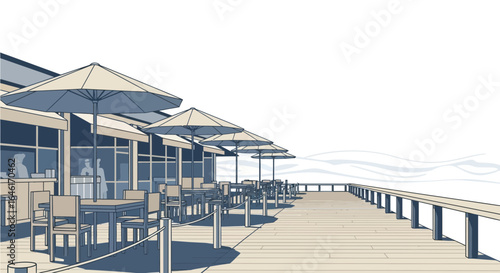 Serene outdoor cafe scene with beach view and calm atmosphere illustration