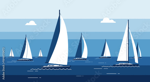 Serene Ocean Scene with Sailboats and Clouds in Calming Blue Hues Graphic Design