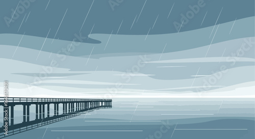 Serene pier silhouette under a rainy sky conveying tranquility and isolation landscape
