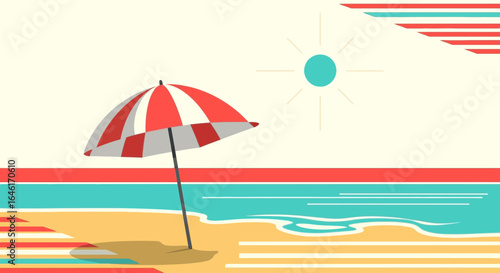 Red Striped Beach Umbrella With Shining Sun Vector Graphic Design Illustration