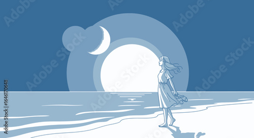 Serene seaside contemplation, a woman's silhouette against the moonlit ocean scene, evoking a sense of calm and introspection