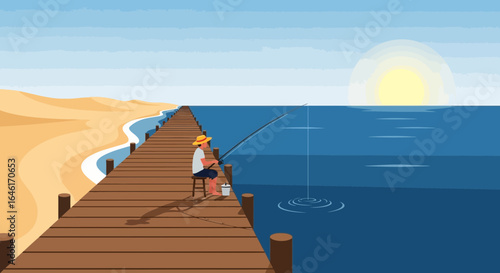 Serene seaside fishing scene with a man on a wooden pier at sunset capturing the essence of summer and peace