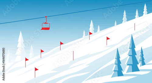 Serene ski slope illustration showcasing chairlift flags and snow-covered pines against a light blue sky