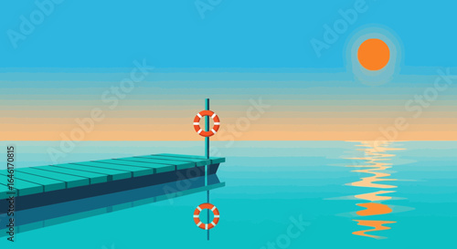 Serene summer seascape featuring a wooden pier and reflective orange sun over a calm ocean