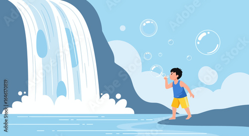 Serene summer day illustration of a boy blowing bubbles by a waterfall landscape