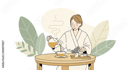 Relaxing tea time: A woman in a bathrobe enjoys a quiet moment pouring herbal tea