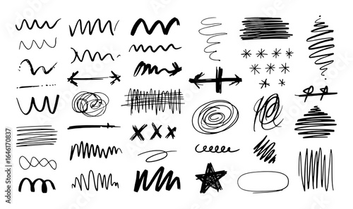 Black hand drawn abstract shapes and lines doodle collection brush chaos