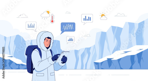 Researcher studying climate change in a polar region using a tablet for data analysis
