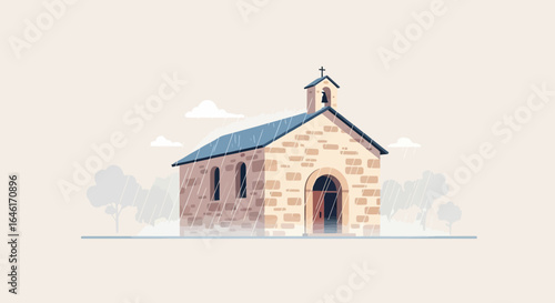 Serene vector illustration of a quaint stone chapel in the rain evoking peace and quietude