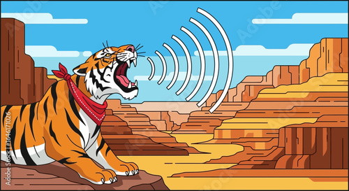 Roaring Tiger With Bandana Sending Sound Waves Through Desert Landscape