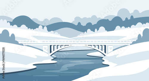 Serene winter landscape featuring a bridge over a river with snowy banks, hills and trees offers a peaceful and quiet scene