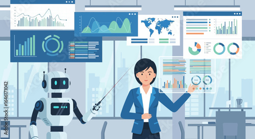 Robot and businesswoman presenting complex data analysis and visualization together in office illustration