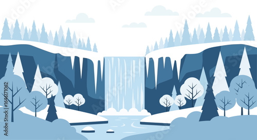 Serene winter landscape featuring a majestic waterfall and snow-covered trees