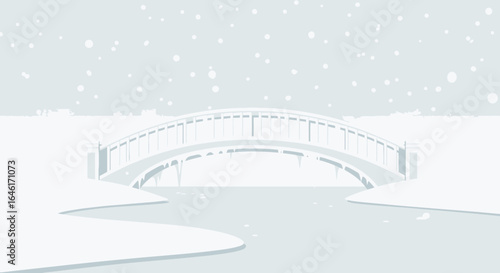 Serene Winter Landscape Featuring a Snow-Covered Bridge During a Gentle Snowfall