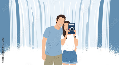 Romantic couple capturing memories with camera in front of majestic waterfall illustration