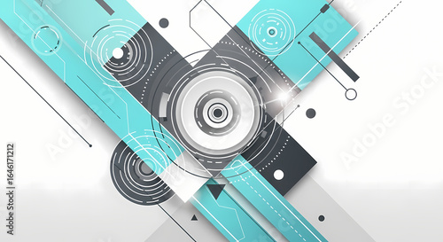 Abstract Geometric Tech Design Teal and Gray Diagonal Lines, Circles, and Futuristic Elements