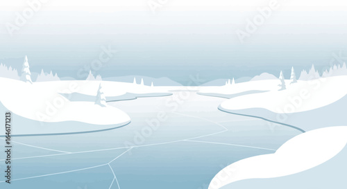 Serene winter landscape illustration with frozen lake and snow-covered hills creating a peaceful and tranquil scene