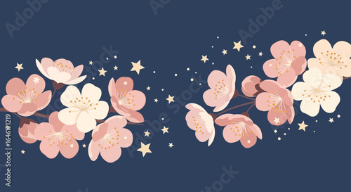 Romantic cherry blossoms and twinkling stars on a dark blue background convey peacefulness
