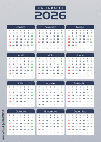 2026 Calendar in Brazilian Portuguese, Vector Design, Annual Planner