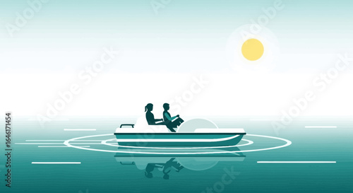 Romantic Getaway On The Water Couple Paddling A Paddleboat On The Calm Sea