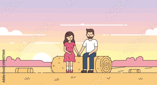 Romantic illustration of a young couple enjoying the sunset in a rural setting with hay bales and soft pastel colors